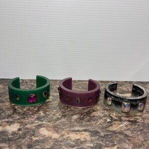 3 Handcrafted Resin Cuff Bracelets Embellished with Faux Gems New